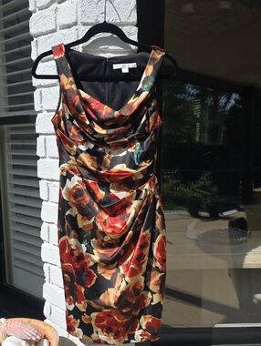 Boston Proper Black Floral Satin-Blend Cowl Midi Dress